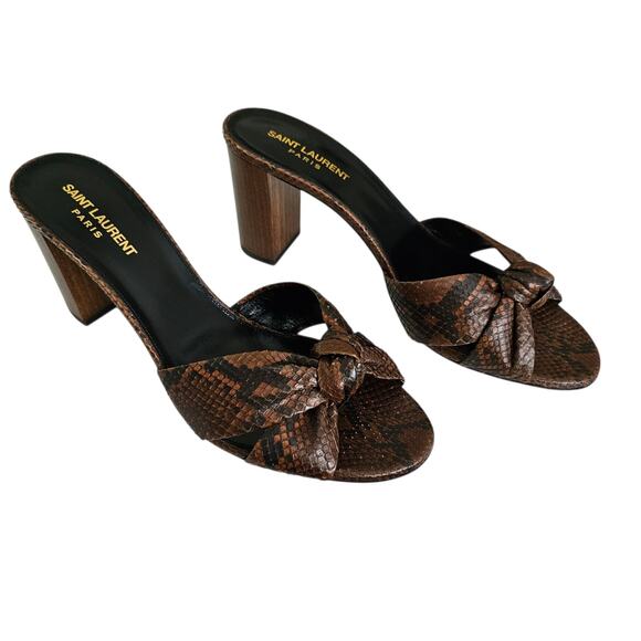 Saint Laurent Bianca Knot Snake Python Heel Sandal Mule Brown Size 41 US 11 - Picture 1 of 12